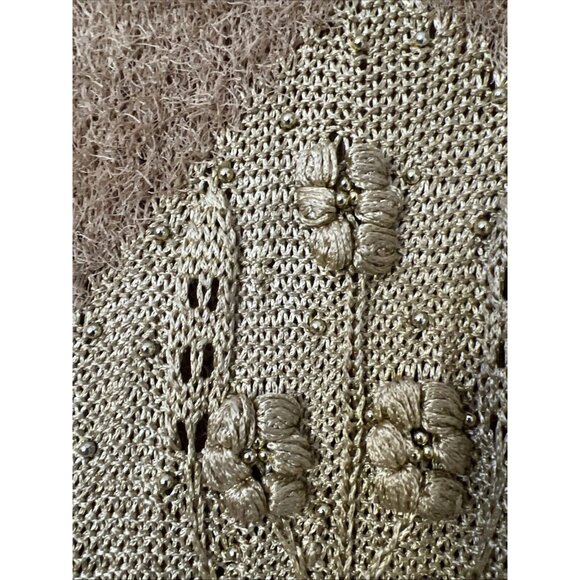 VTG Sweater Crochet Handmade Gold Brown Short sleeves 3d Flower Eye Lashes - Picture 5 of 9